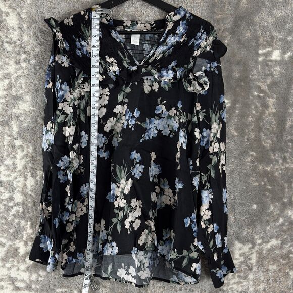 H&M Sz L Dark Floral Ruffle Blouse V-Neck Top Black Cottagecore - Picture 2 of 8